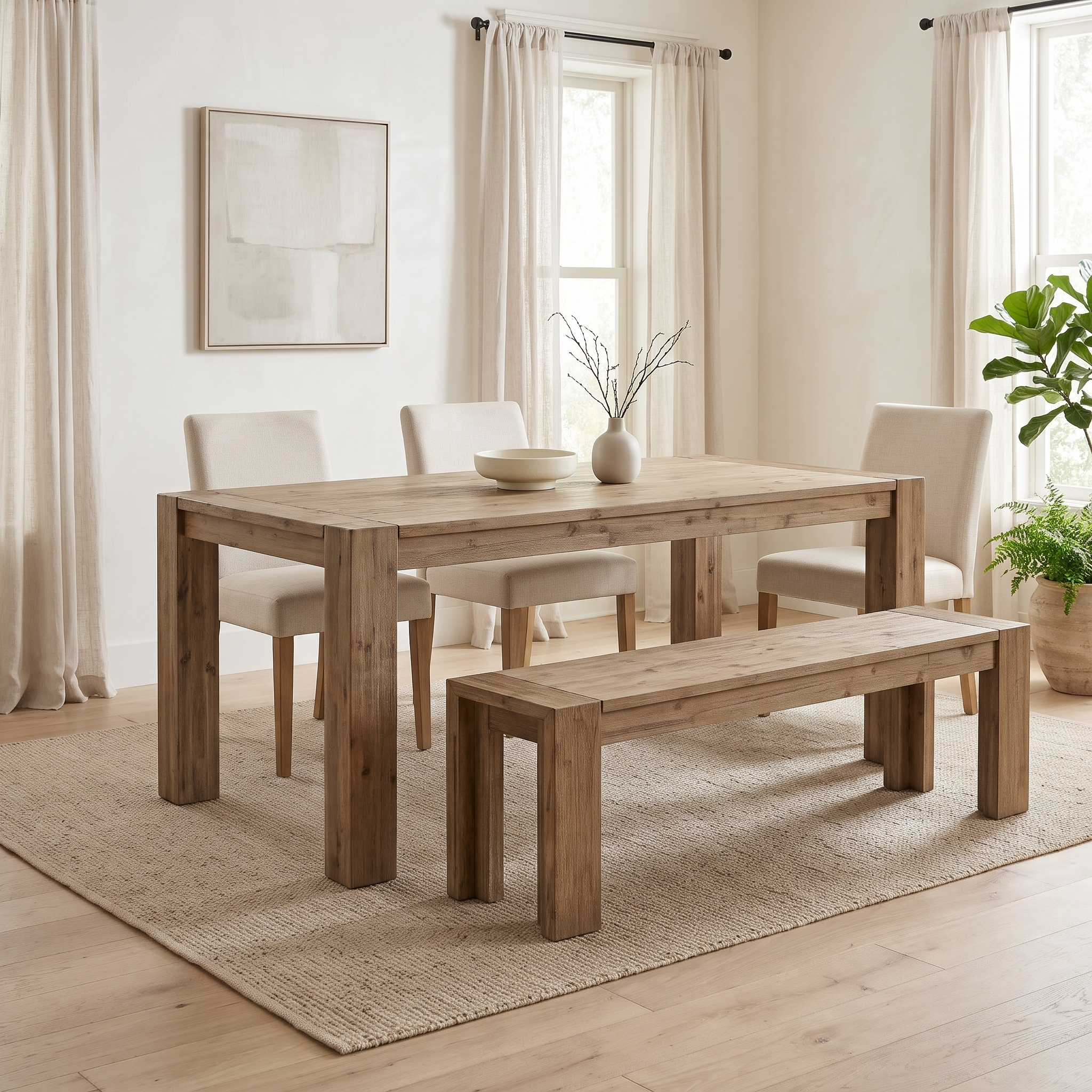 Dune solid acacia bench in Weathered Natural at a wood dining table with cream upholstered chairs in a bright dining room